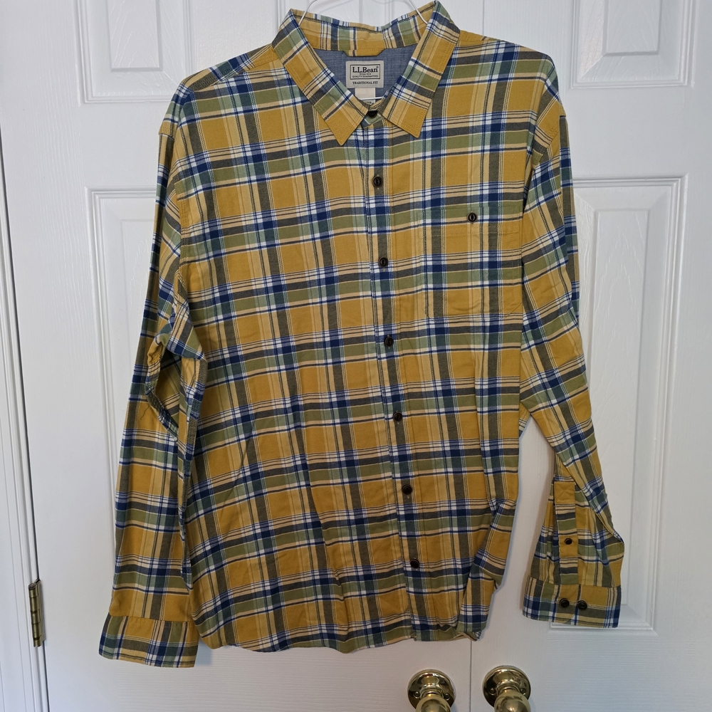 L.L. Bean Men's Mustard and Blue Plaid Shirt
